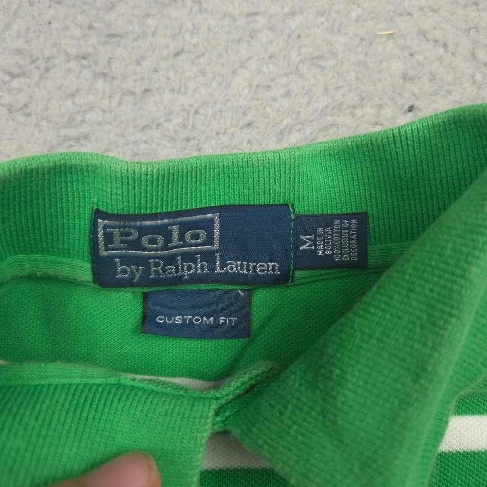 Polo Ralph Lauren Mens Medium Green White Striped Custom Fit Pony Polo Shirt